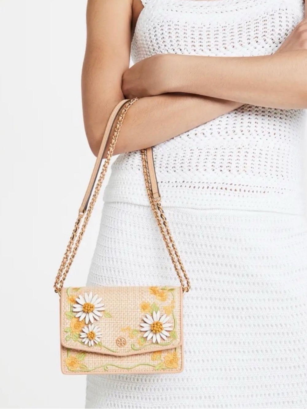 Tory Burch Embroidered Yellow Floral Woven Crossbody Bag - Picture 2 of 13